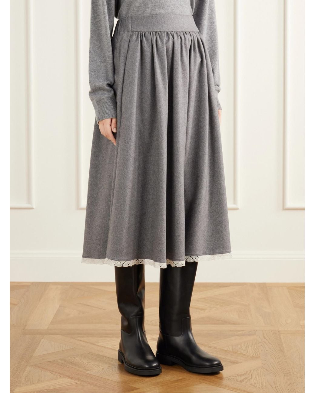 Maria McManus Gray Lace-Trimmed Wool Flannel Midi Skirt