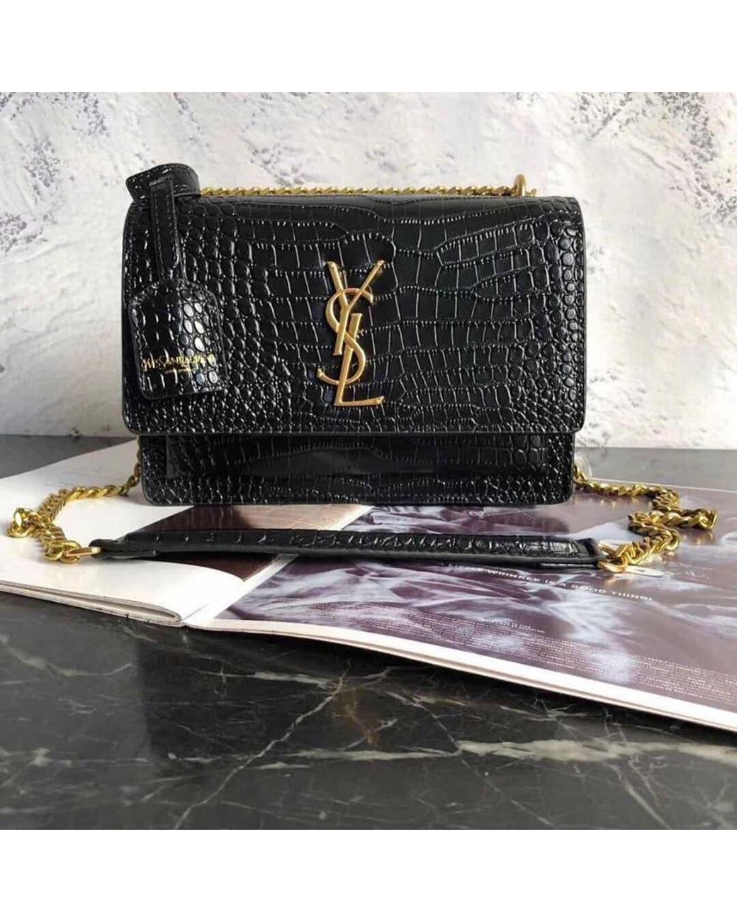 Saint Laurent Black Sunset Embossed Medium Shoulder Bag