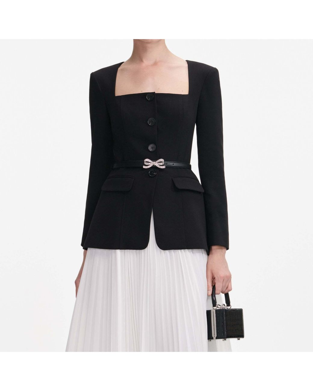 Self-Portrait Black Long-Sleeved Contrast Chiffon Midi Dress