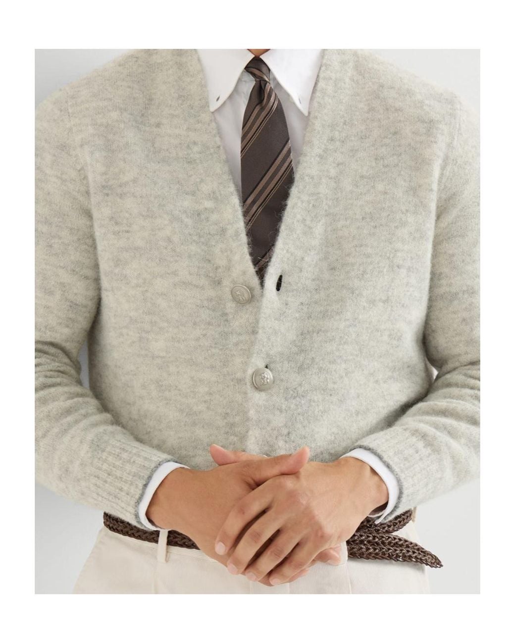 Brunello Cucinelli White Long-Sleeved V-Neck Cardigan for men