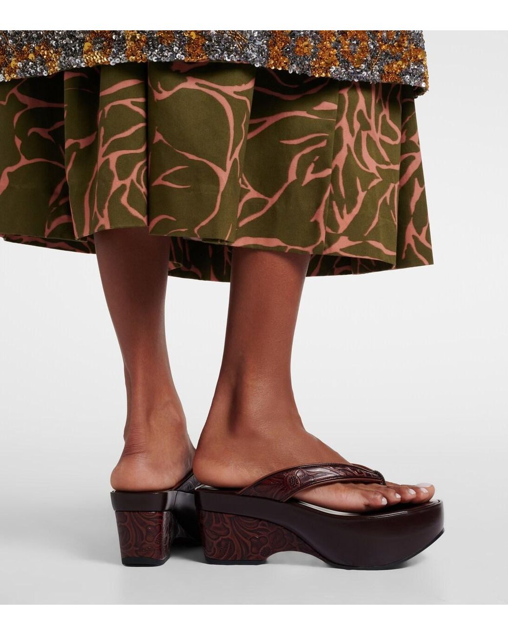 Dries Van Noten Brown Embossed Leather Platform Flip-Flops