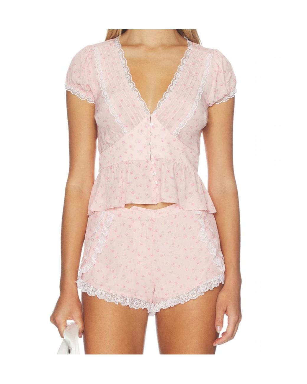 LoveShackFancy Pink Bondy Lace Trim Peplum Top