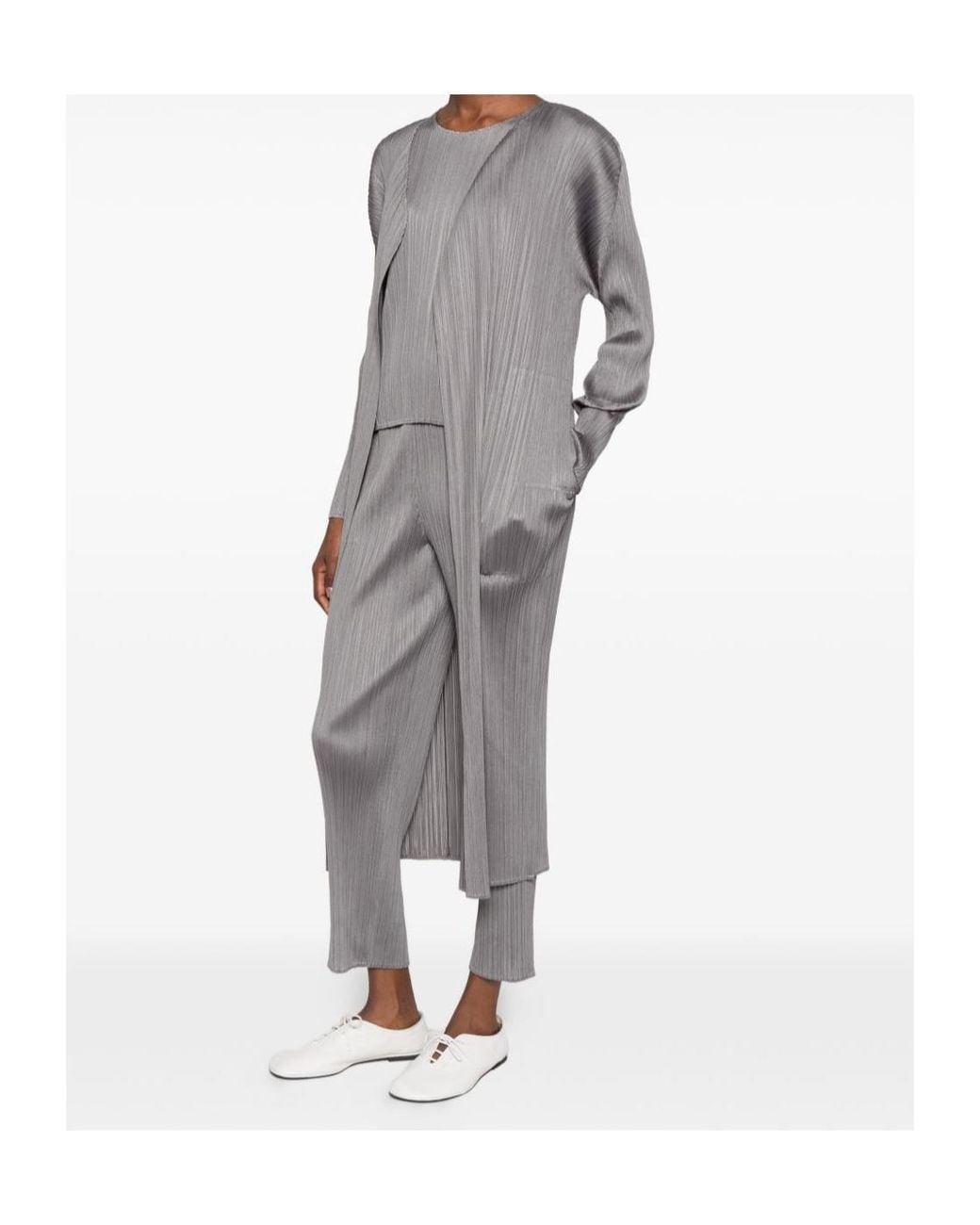 Pleats Please Issey Miyake White Pleated Long Cardigan
