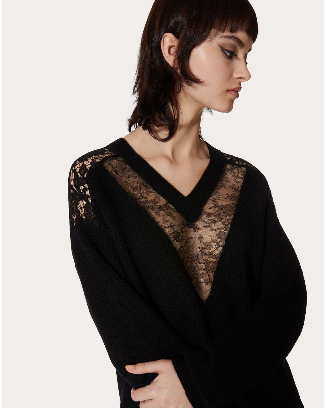 Valentino Black Lace-Embellished V-Neck Jumper