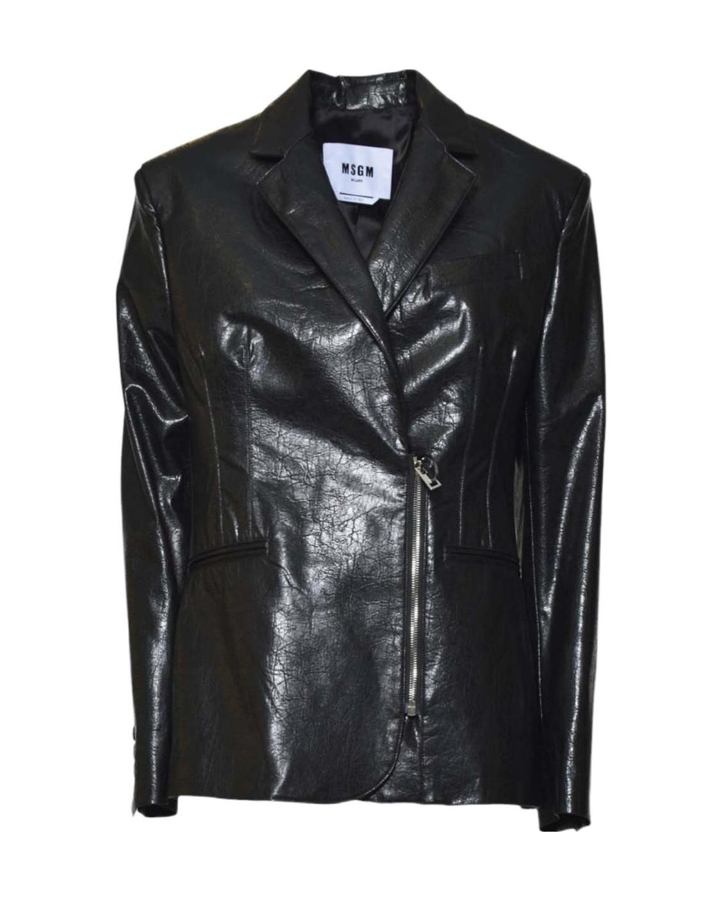 MSGM Black High Shine Asymmetric-Zip Jacket