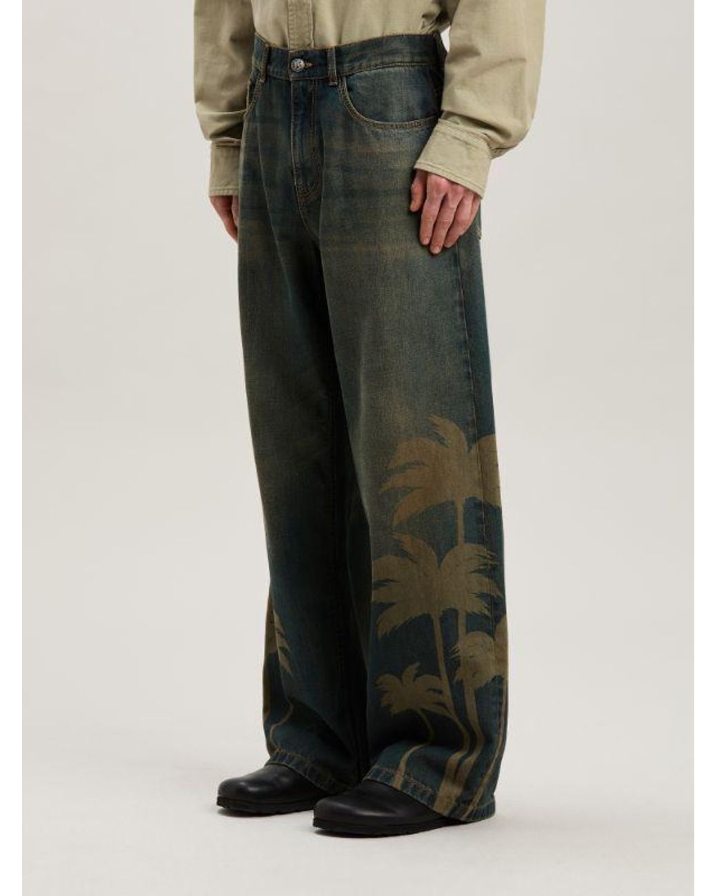 Palm Angels Green Laser Palm Wide Leg Jeans for men