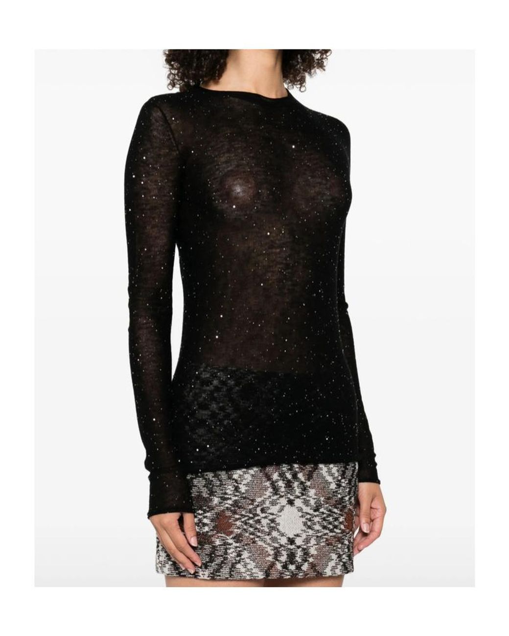 Pinko Black Long-Sleeved Knitted Sheer T-Shirt