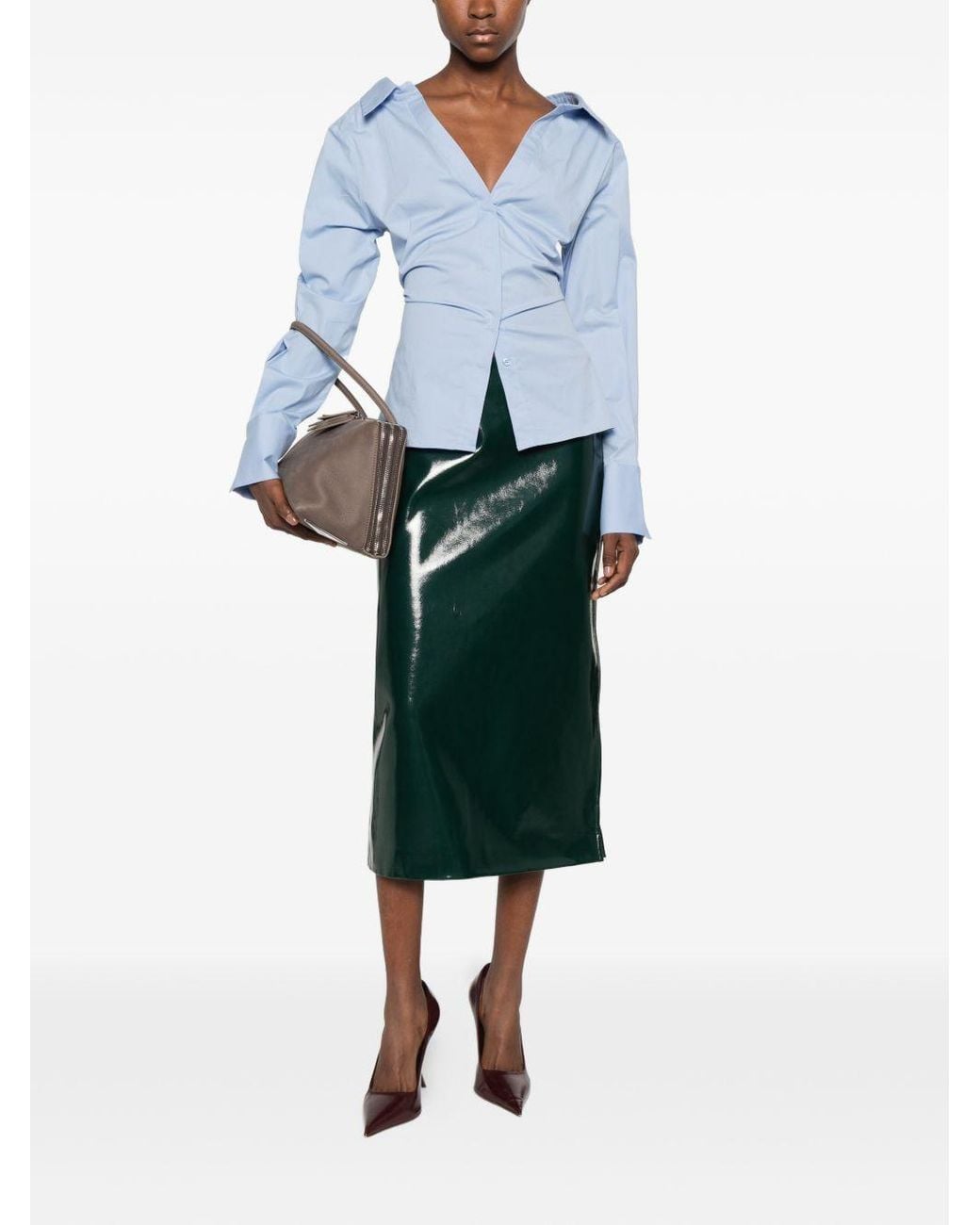 Frankie Shop Green High-Gloss Midi Skirt With Side Zipper
