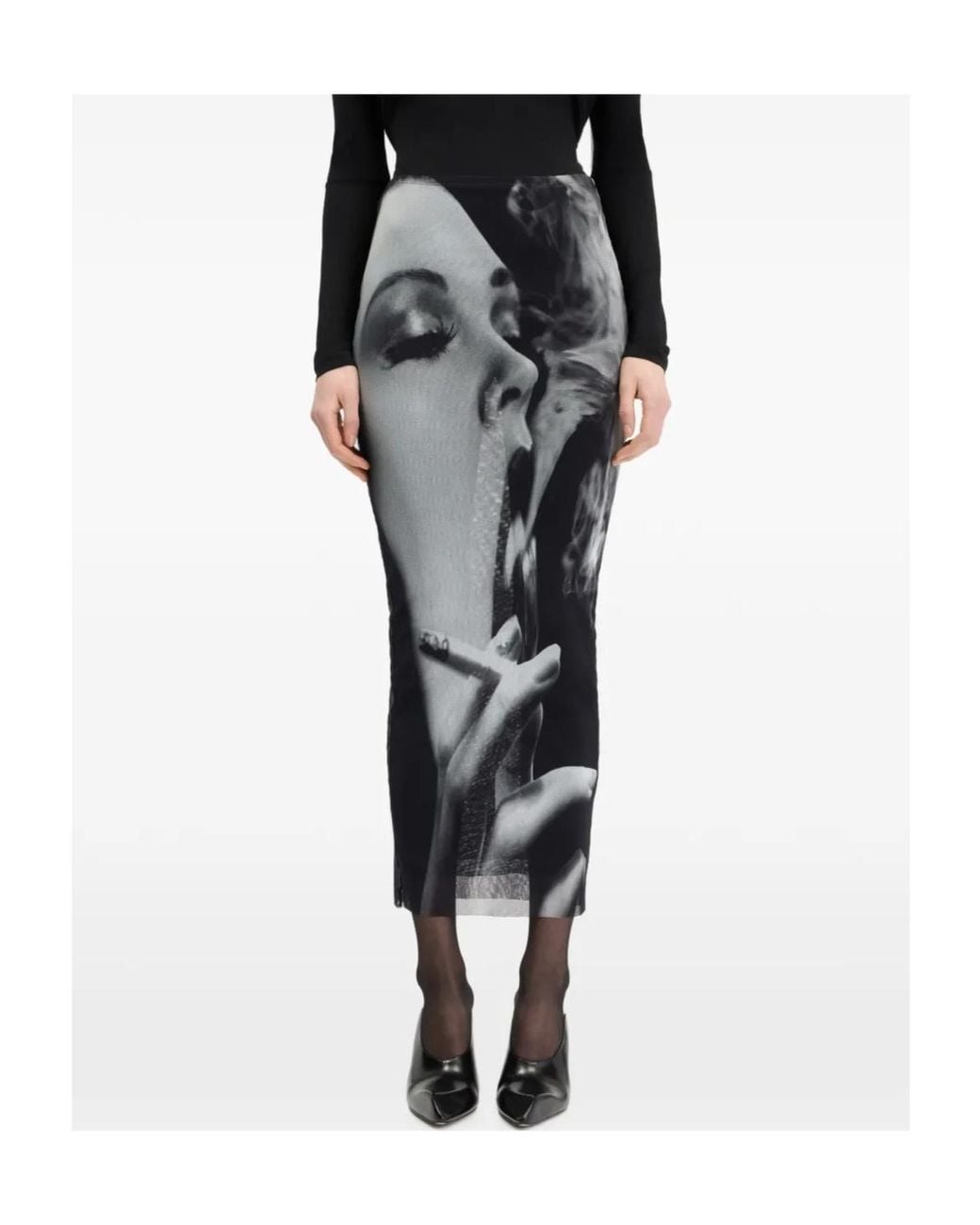 Jean Paul Gaultier Gray Mesh Printed Long Skirt