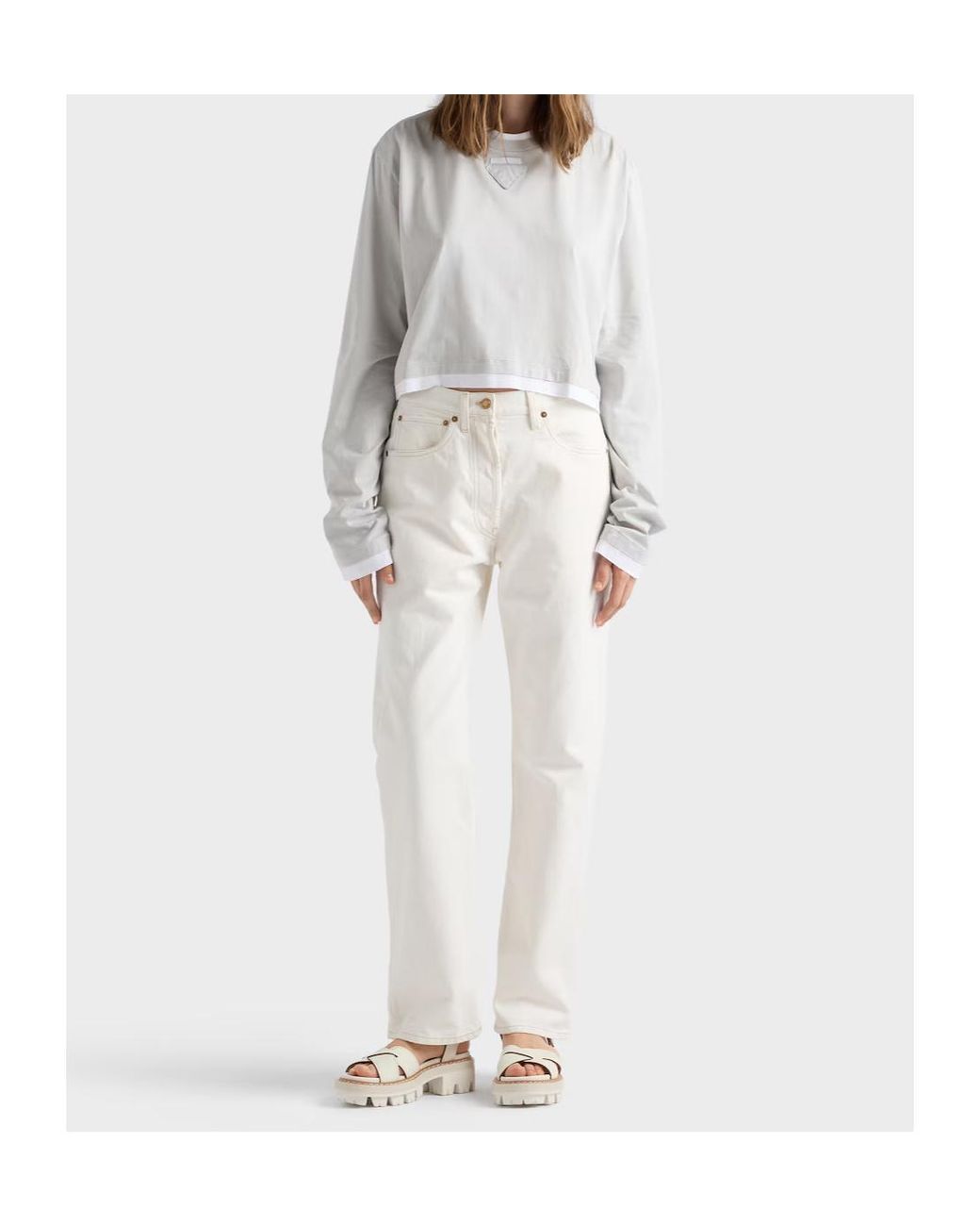 Prada White Girocollo Cropped Long-Sleeve T-Shirt