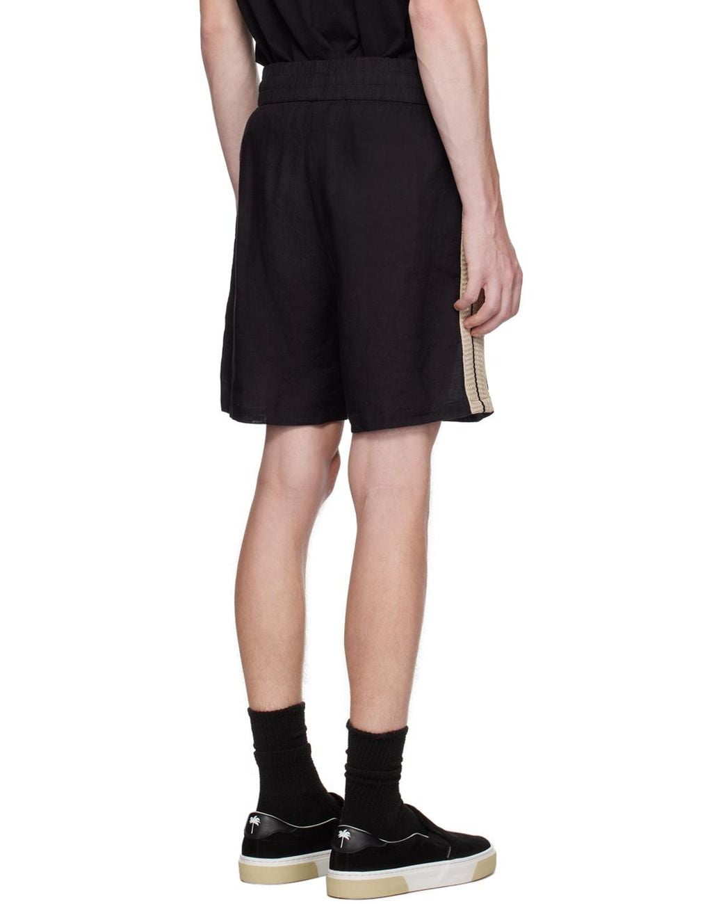 Palm Angels Black Monogram-Embroidered Striped Shorts for men
