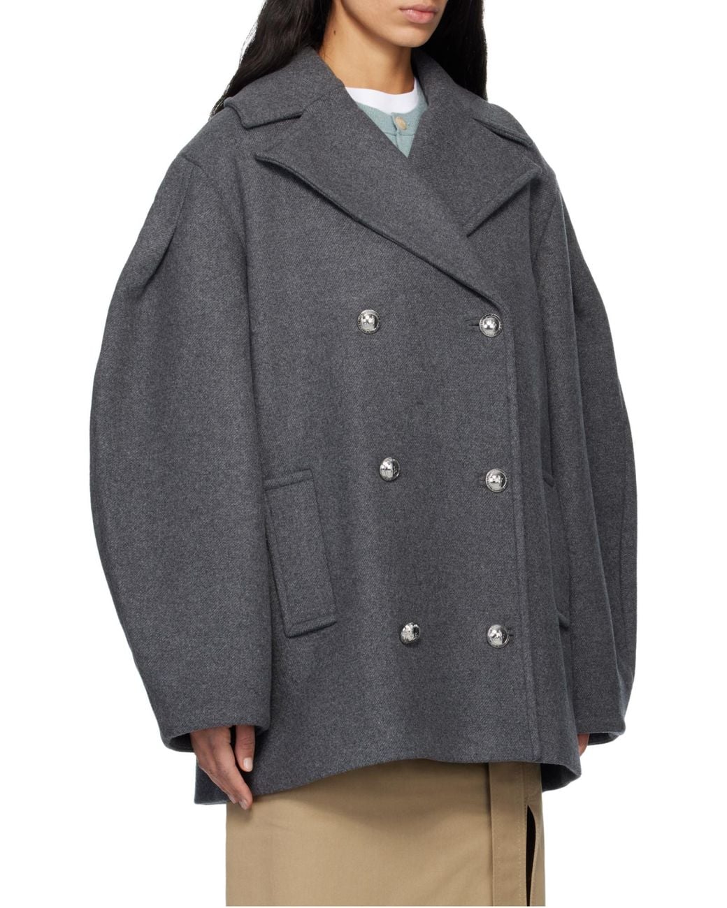 Ganni Gray Oversized Midi Peacoat