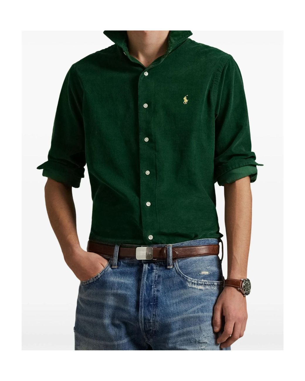 Polo Ralph Lauren Green Pony Embroidered Corduroy Shirt for men