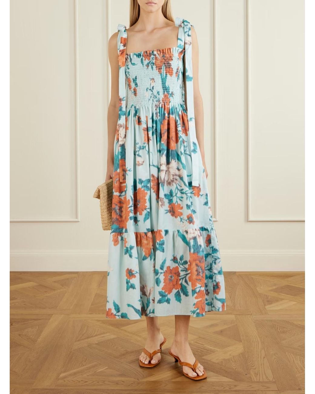 Erdem Blue Shirred Floral-Print Cotton Midi Dress