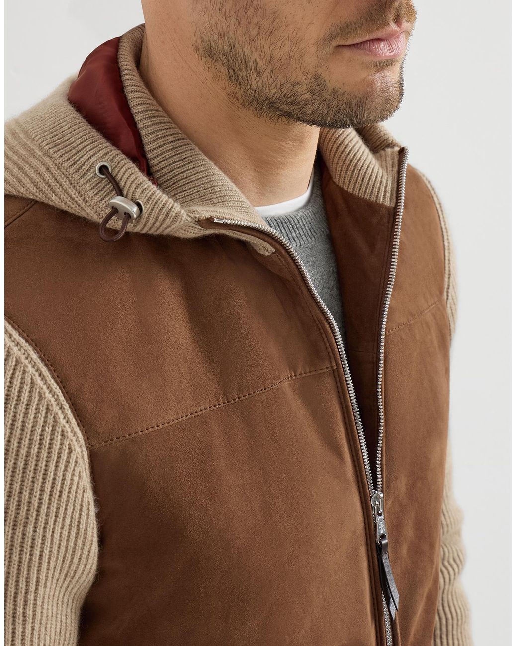 Brunello Cucinelli Brown Zip-Up Hooded Jacket for men