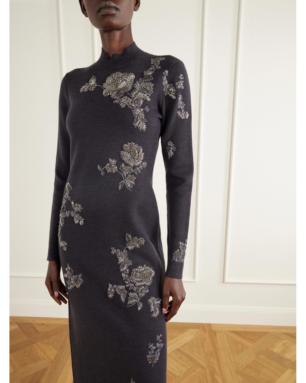 Oscar de la Renta Black Bead-Embellished Embroidered Wool-Blend Knitted Midi Dress