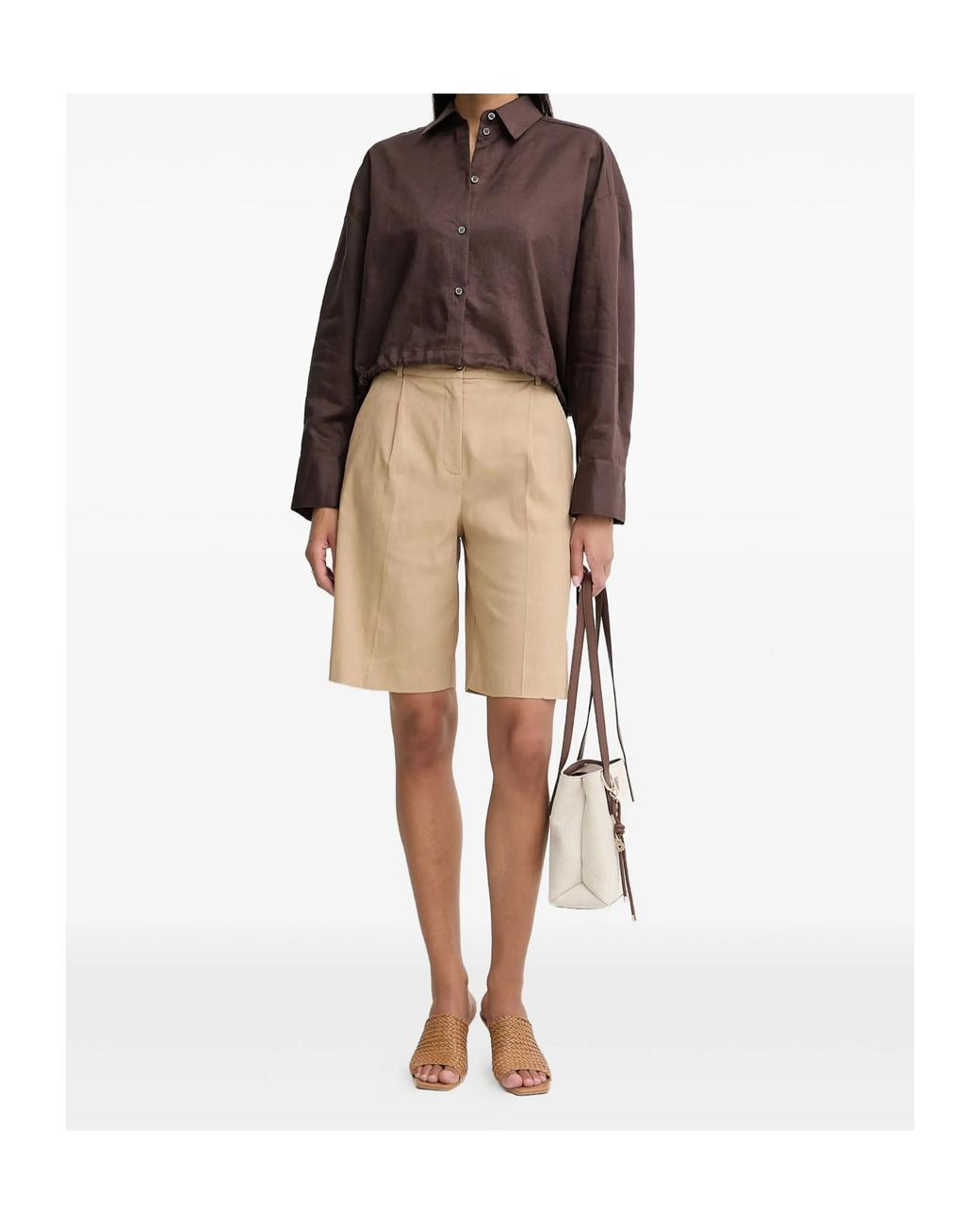 Pinko Brown Drawstring-Hem Cropped Linen Shirt
