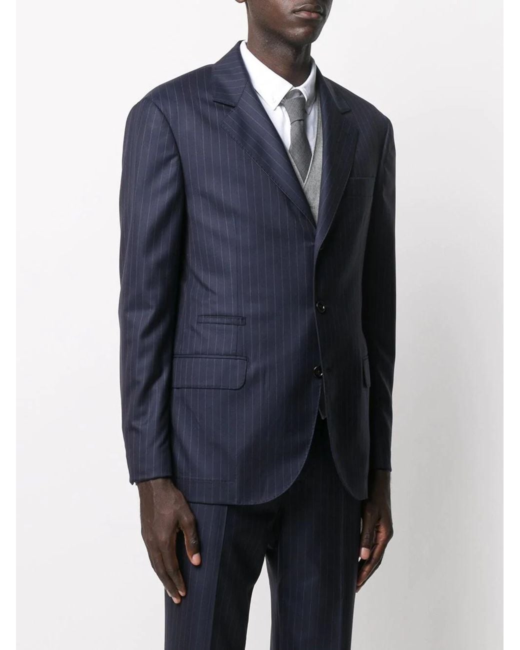 Brunello Cucinelli Blue Single-Breasted Pinstriped Blazer for men