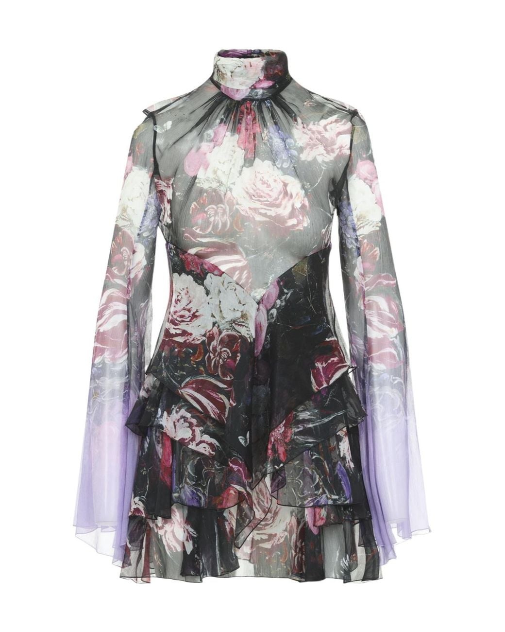 Roberto Cavalli Gray Sheer Floral Ruffled Mini Dress