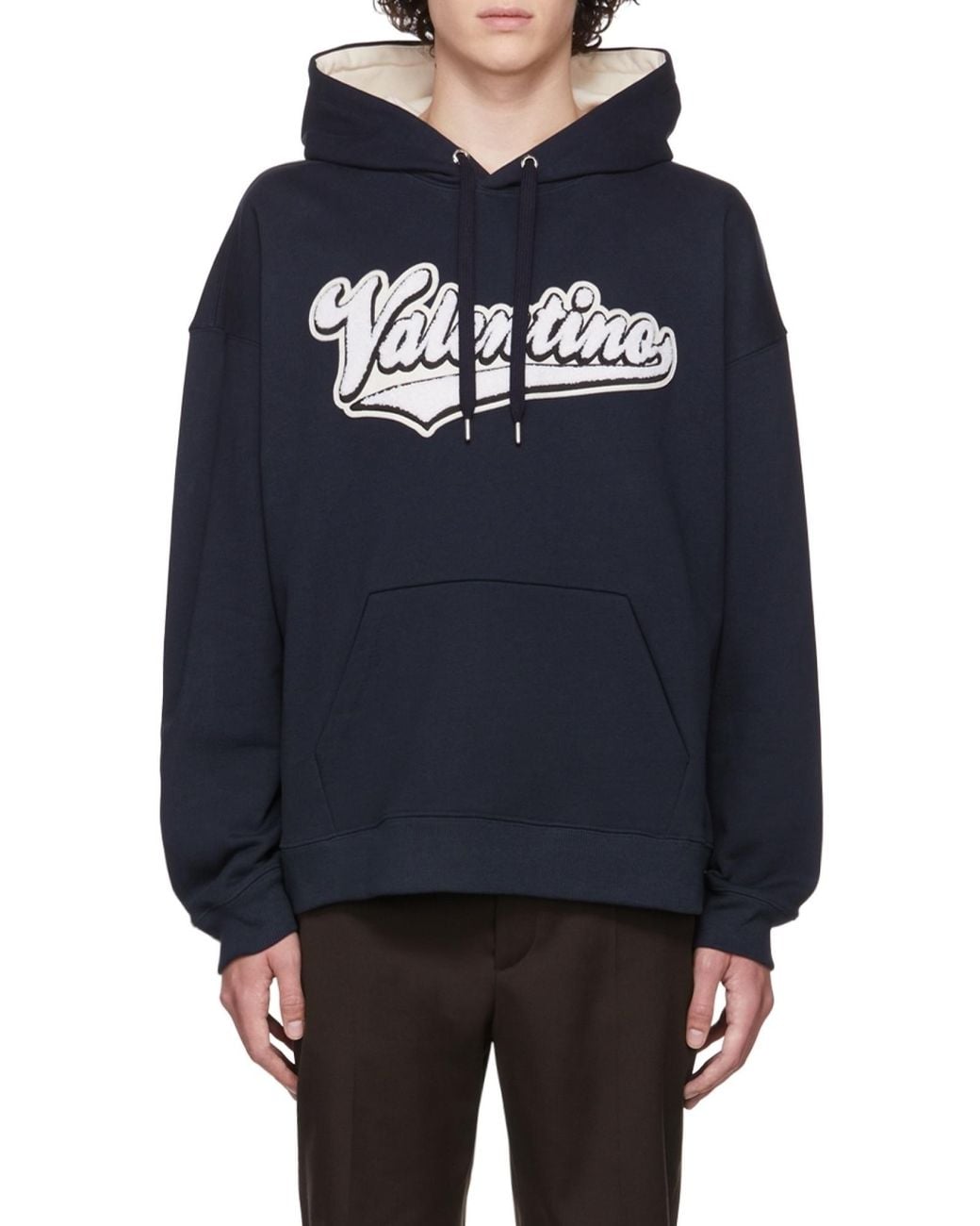 Valentino Blue Logo Flocked Drawstring Hoodie for men