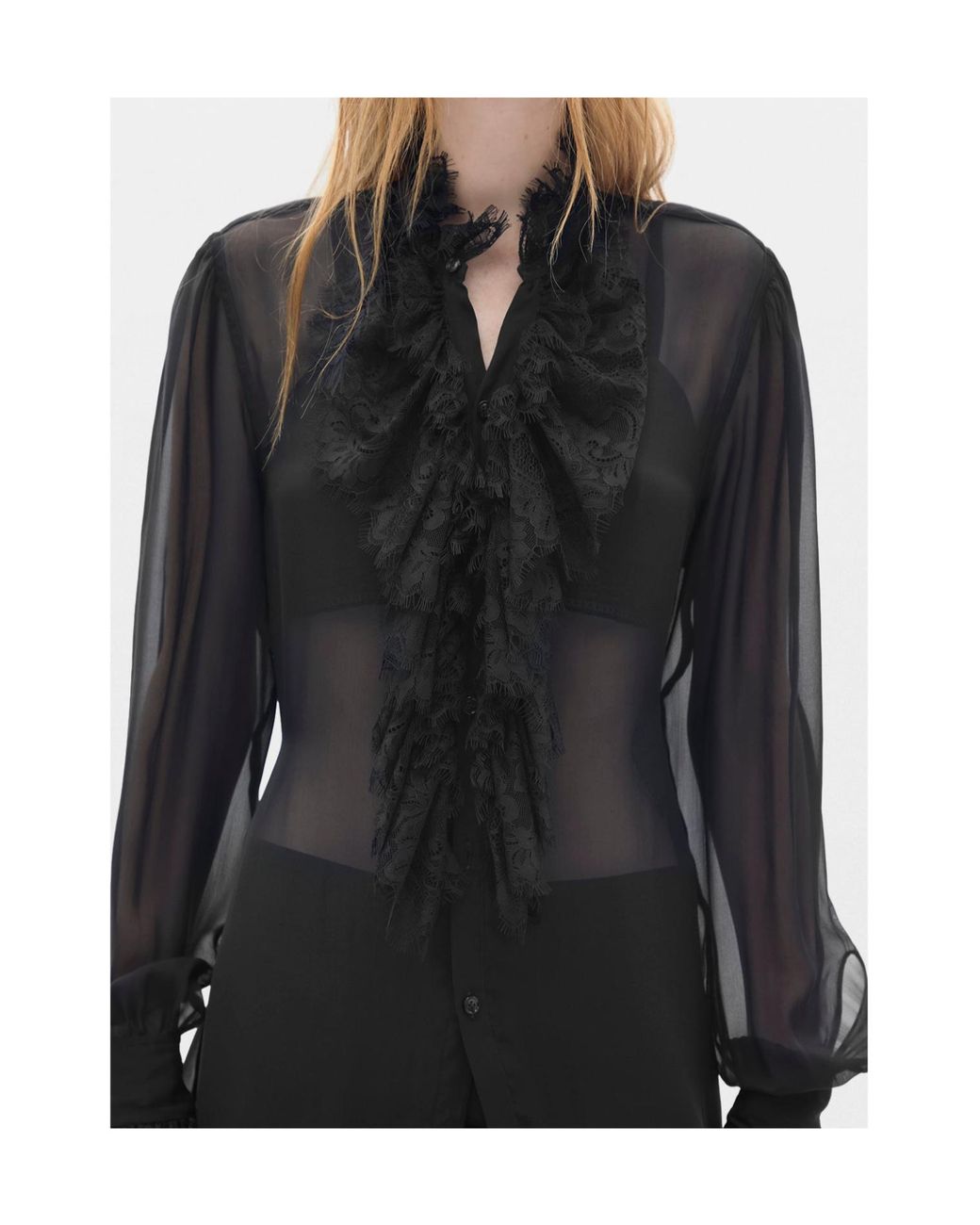 Ann Demeulemeester Black Barah Long Comfort Shirt With Lace Ruffles