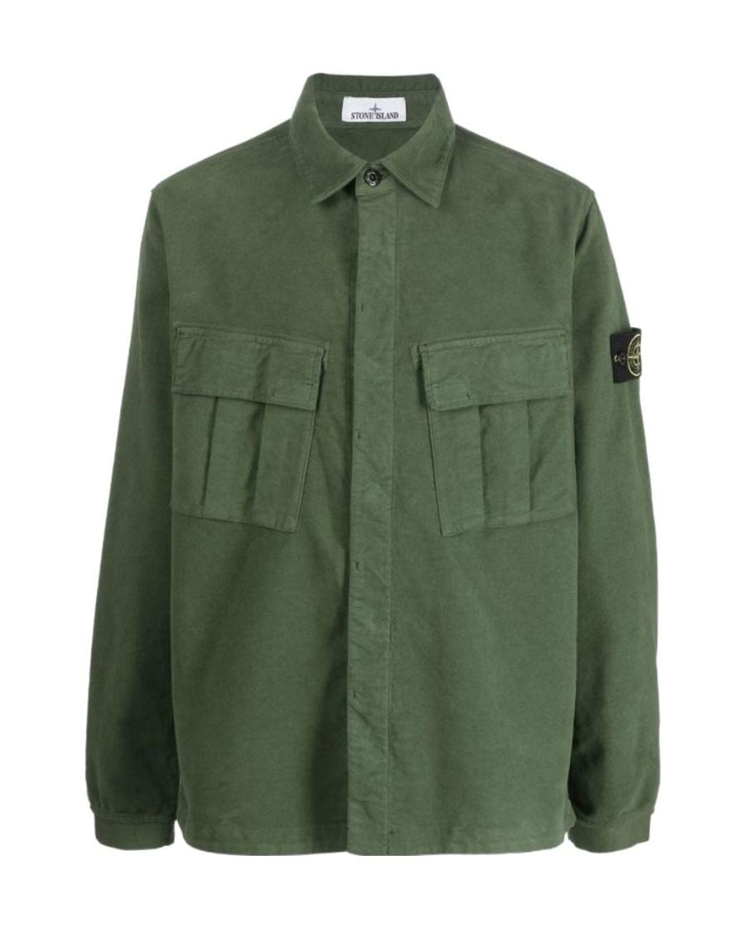 Stone Island Green Logo Patch Button-Down Shirt for men