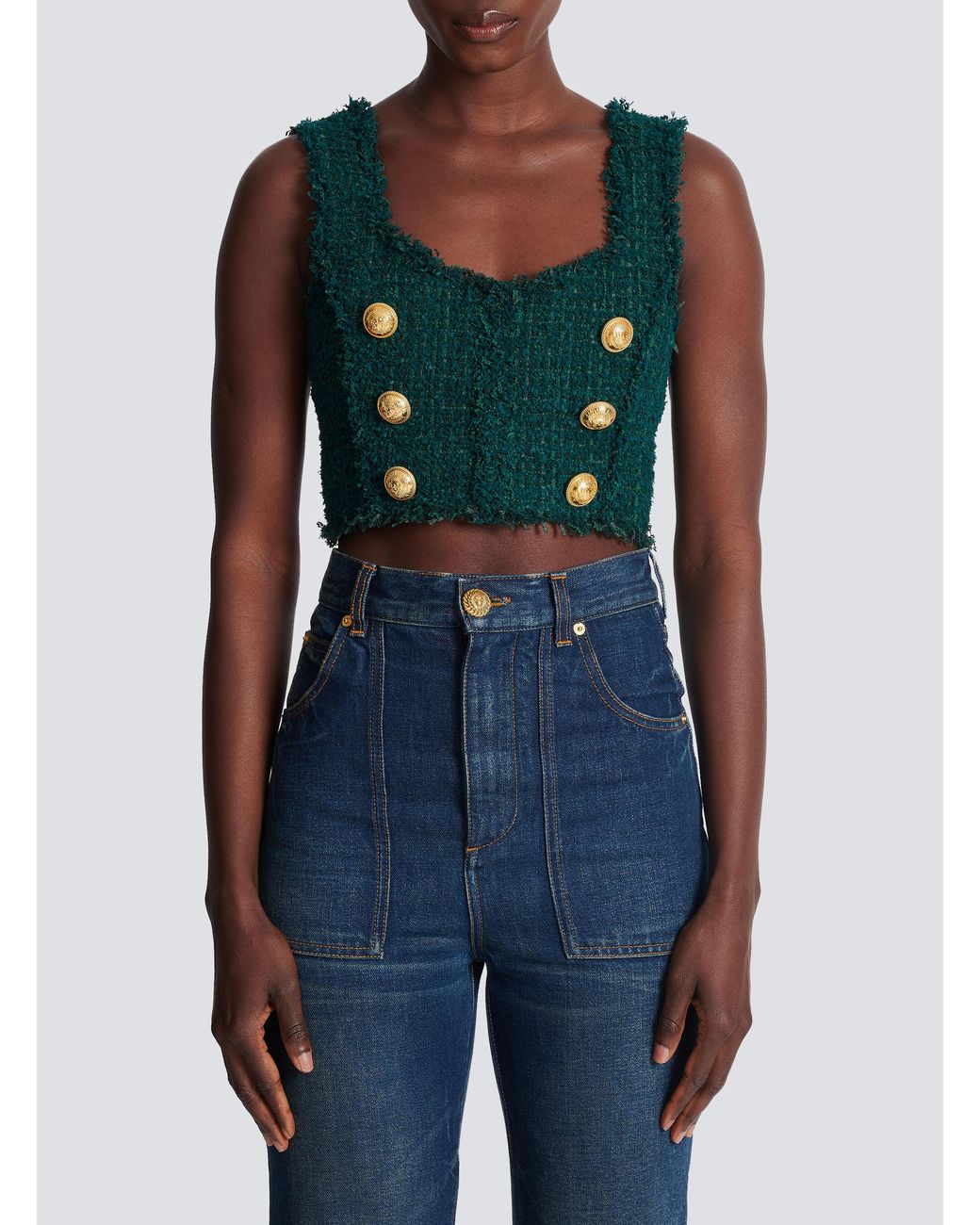Balmain Green Tweed Crop Top