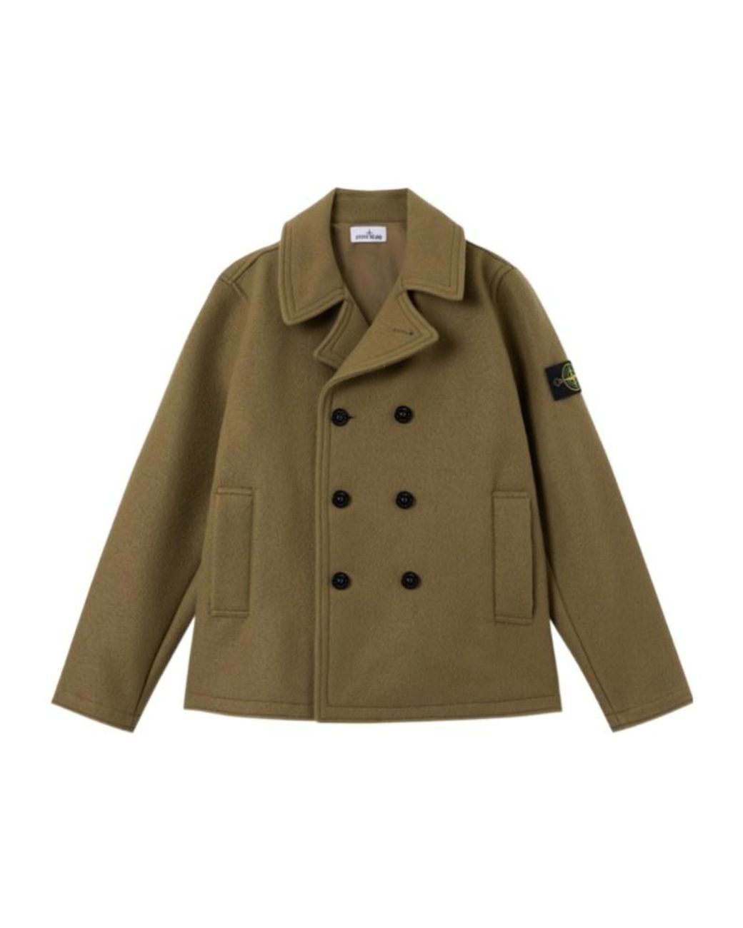 Stone Island Green Logo Patch Double-Breasted Coat for men