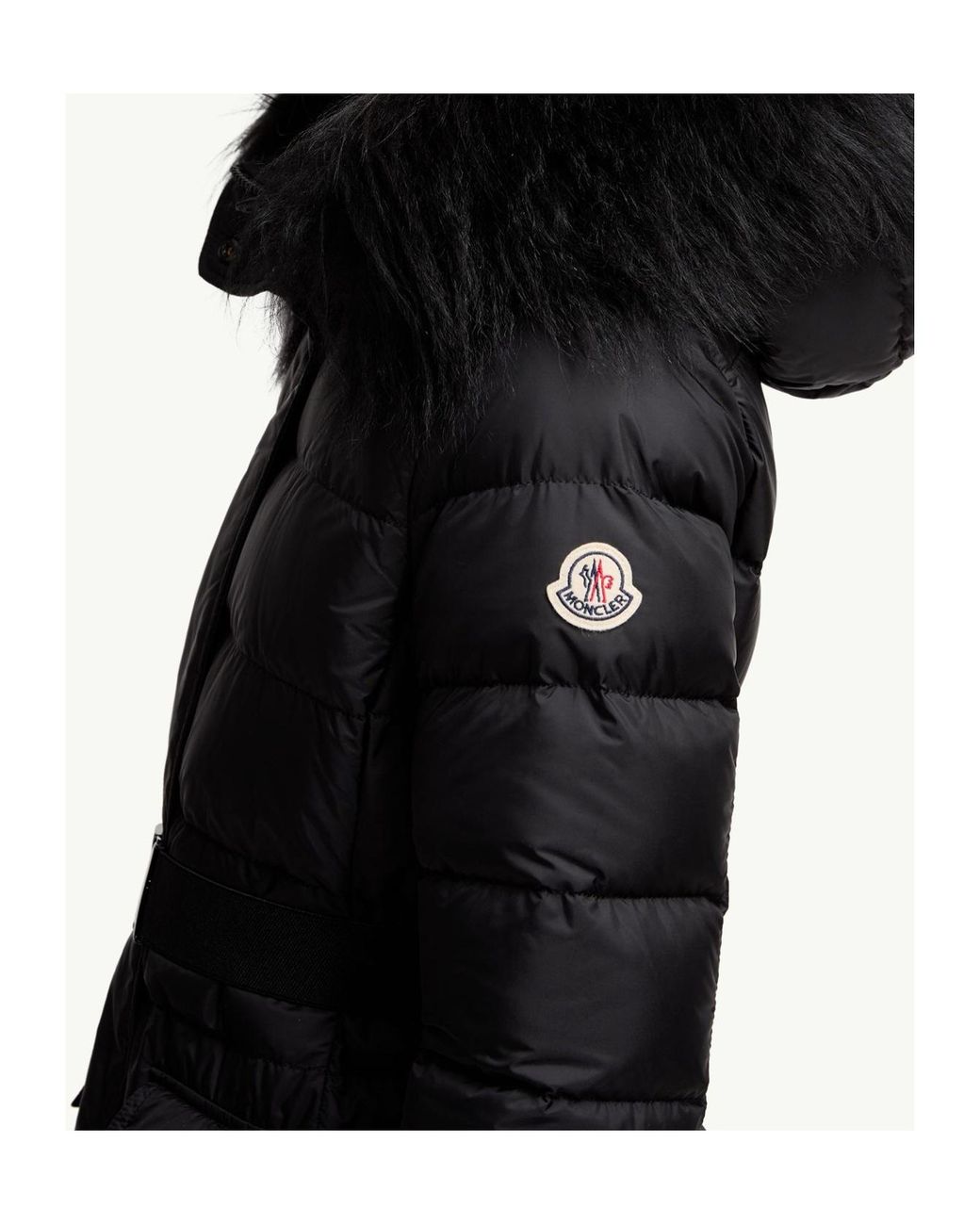 Moncler Black Khloesse Shearling-Trimmed Hooded Long Down Jacket