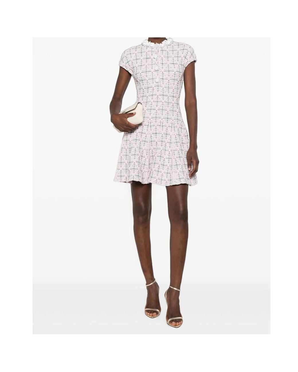 Self-Portrait White Check Knit Beaded Mini Dress