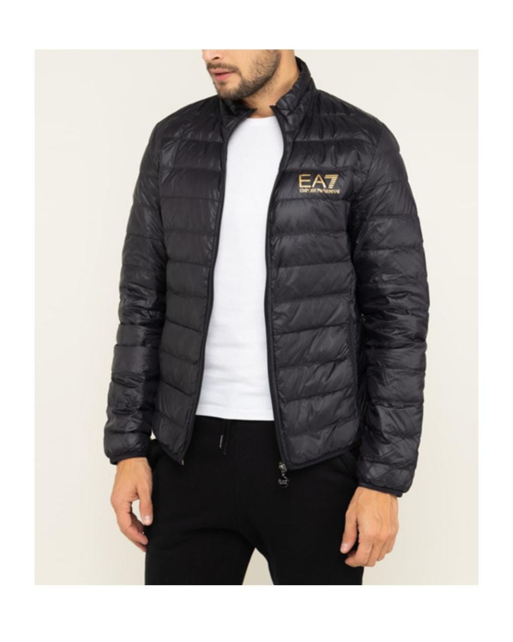 EA7 Black Logo Printed Zipped Puffer Jacket for men