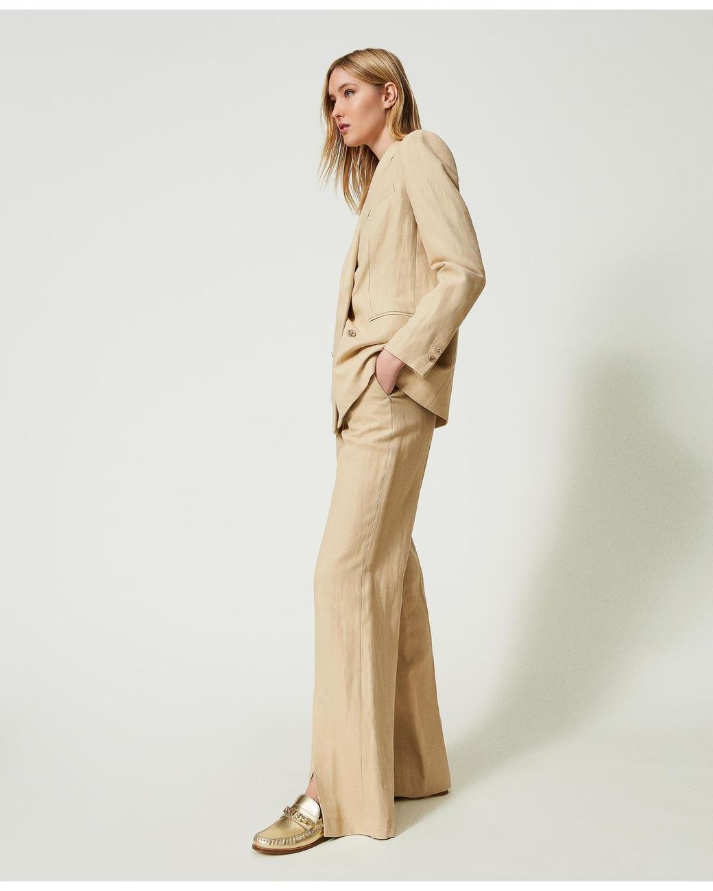 Twinset Natural Slit-Hem Straight-Leg Trousers