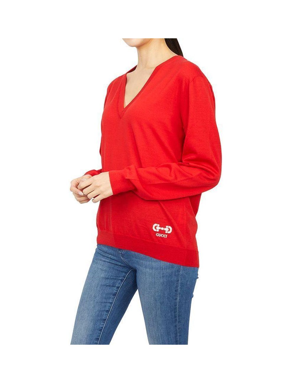 Gucci Red V-Neck Long-Sleeved Jumper
