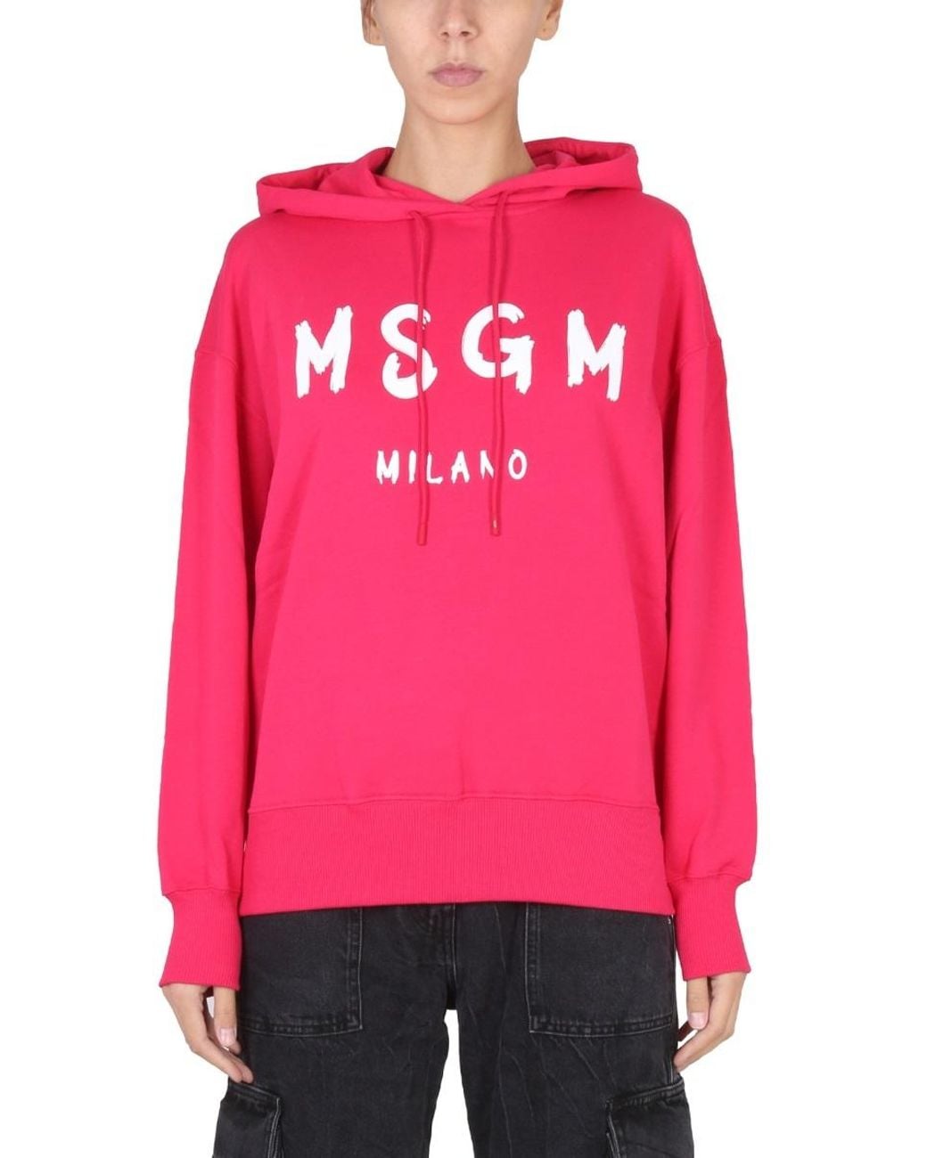 MSGM Red Logo-Print Long-Sleeve Hoodie