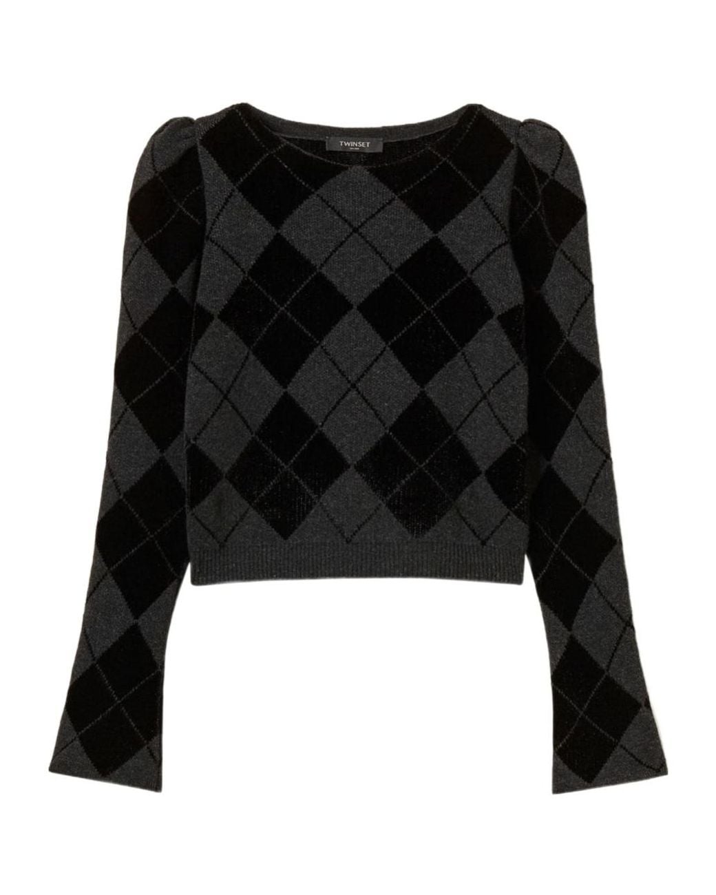 Twinset Black Puff-Sleeve Diamond-Pattern Jumper