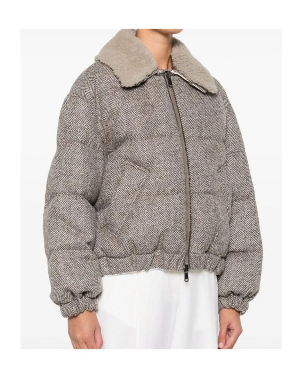 Brunello Cucinelli Gray Herringbone Zip-Up Quilted Jacket
