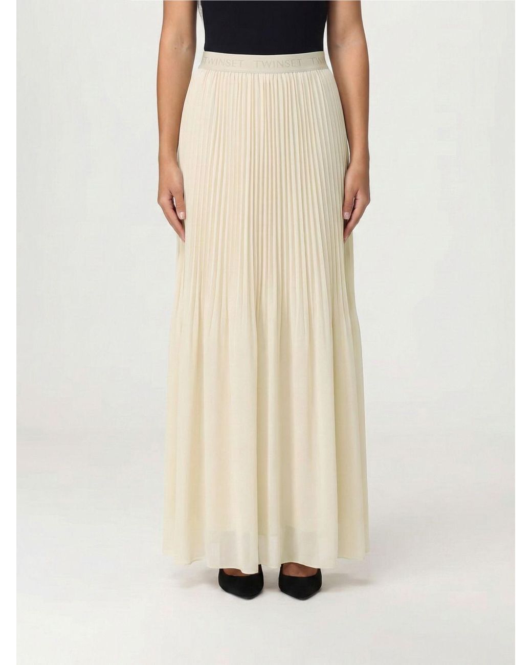 Twinset White Pleated Logo-Waist Long Skirt