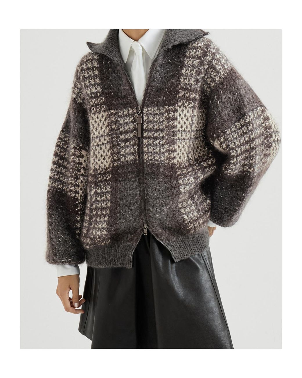 Brunello Cucinelli Gray Embroidered Zip Cardigan