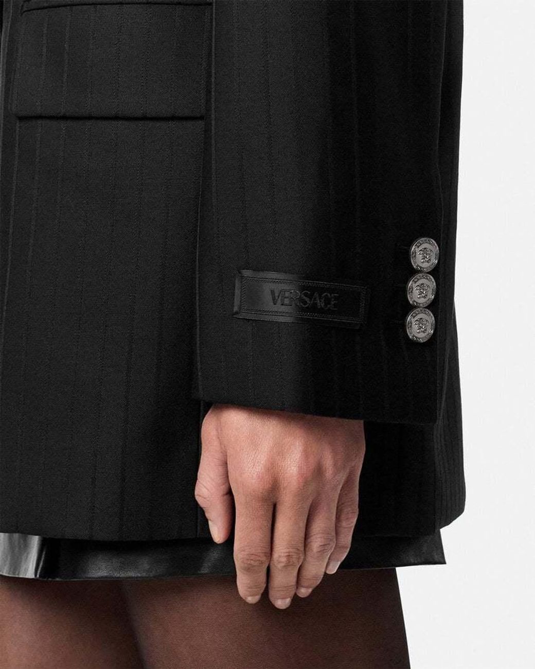 Versace Black Double Breasted Pinstripe Blazer