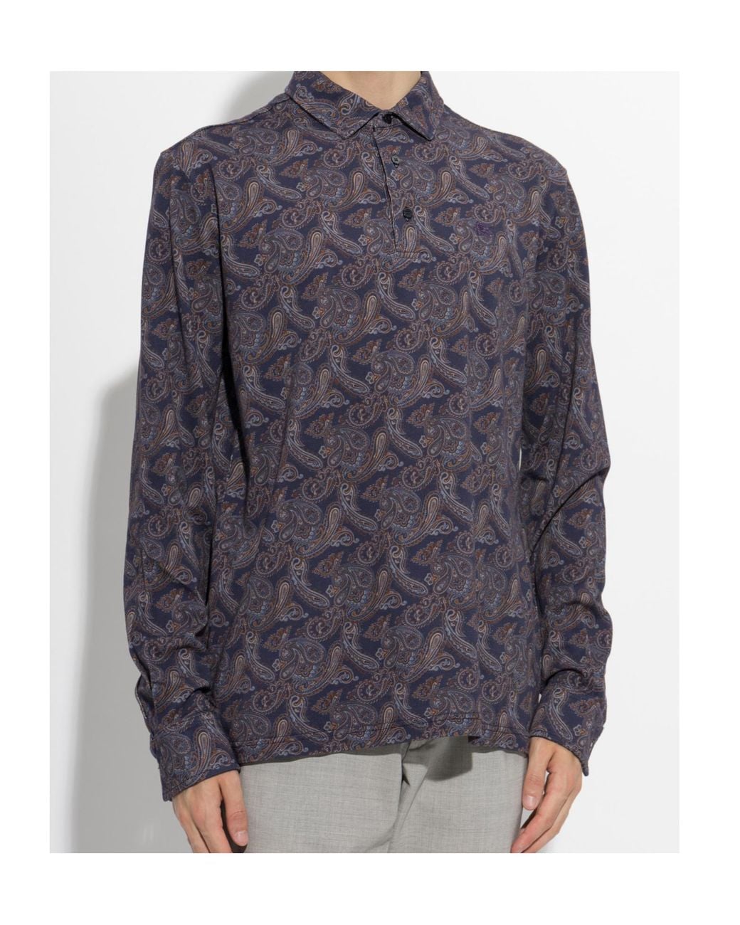 Etro Blue Paisley Long-Sleeve Polo Shirt for men