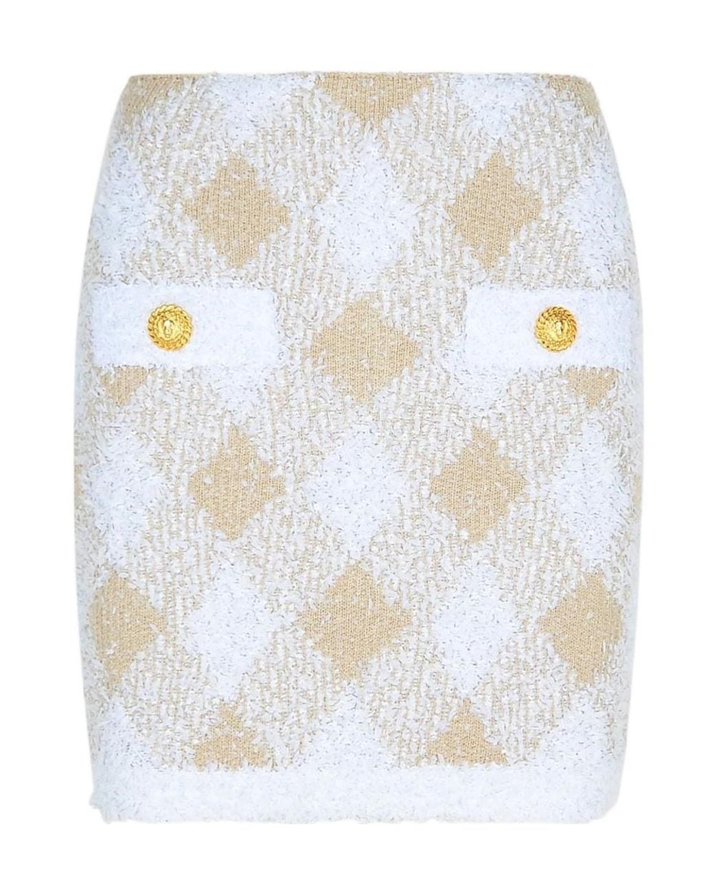 Balmain White Gingham Detailed Ribbed Hem Mini Skirt