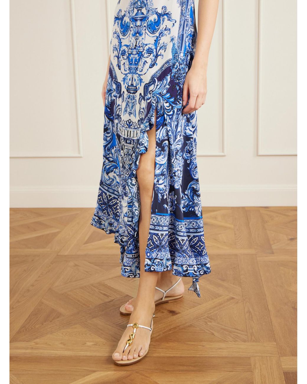 Camilla Blue Crystal-Embellished Printed Silk Midi Dress