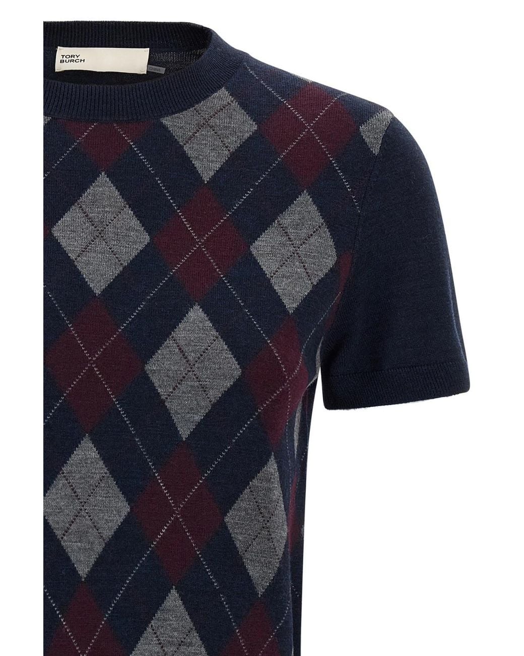 Tory Burch Blue Short-Sleeve Argyle Knitted Sweater