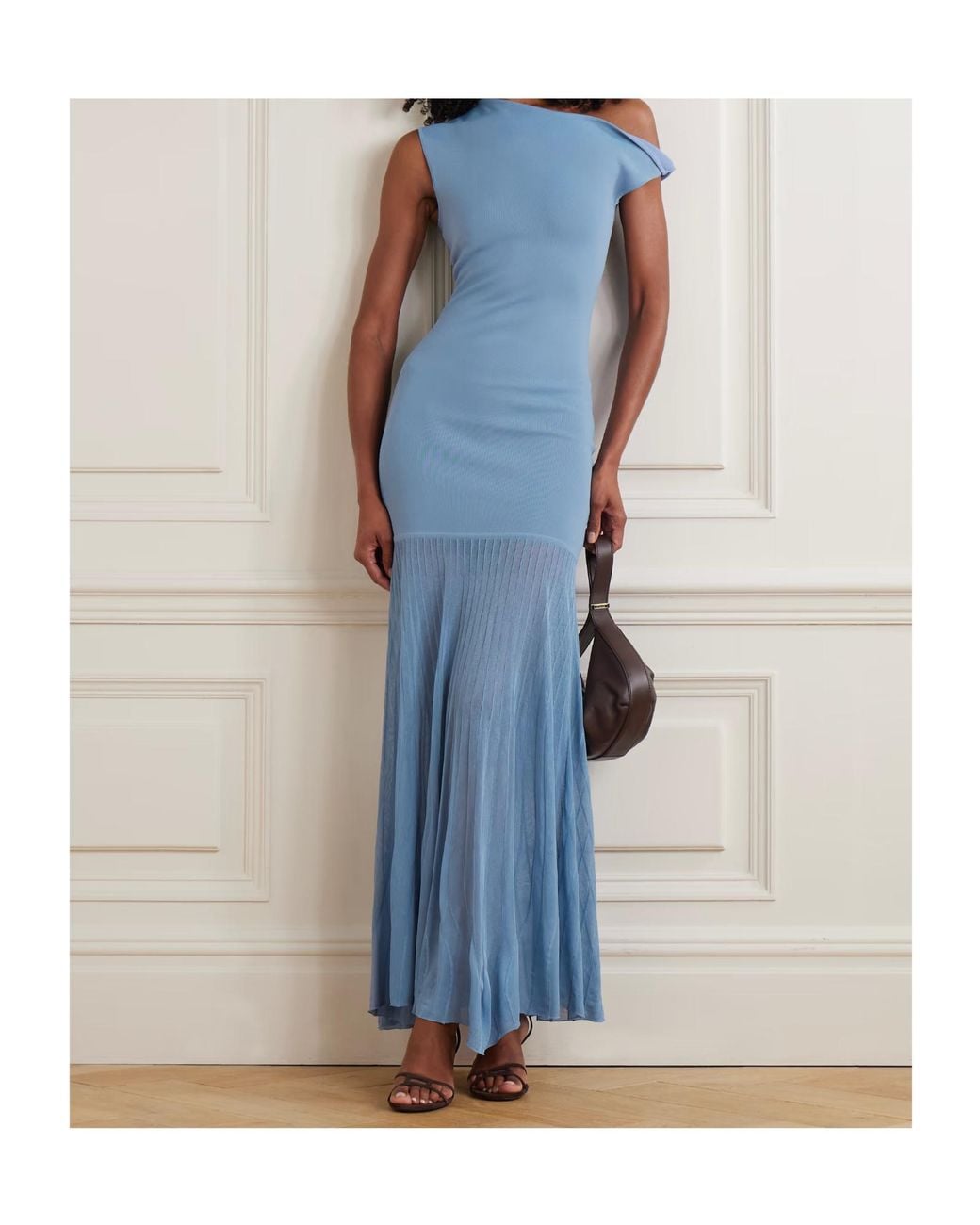 Sir Blue Twist Off-The-Shoulder Pleated Knitted Maxi Dress
