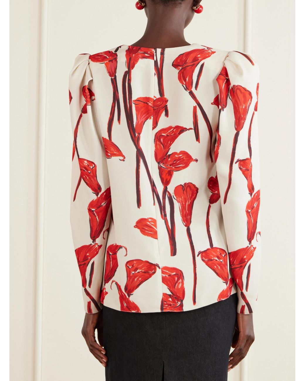 Carolina Herrera Red Floral-Print Cady Blouse