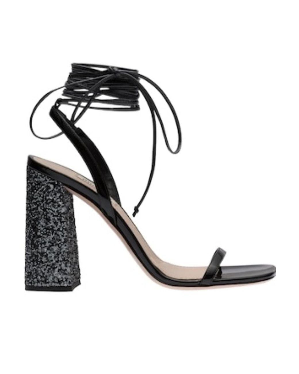Miu Miu Black Ankle Tie-Fastened Block Heeled Glitter Sandals
