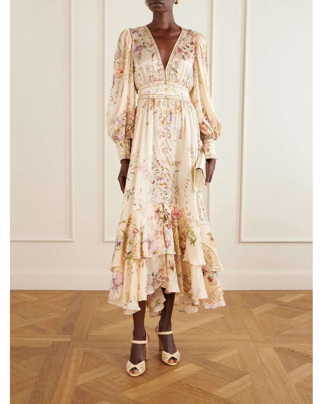 Camilla Natural Crystal-Embellished Tiered Floral-Print Silk-Chiffon Midi Dress