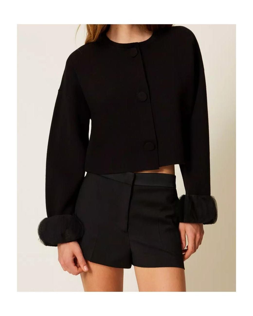 Twinset Black Organza-Cuff Knit Jacket