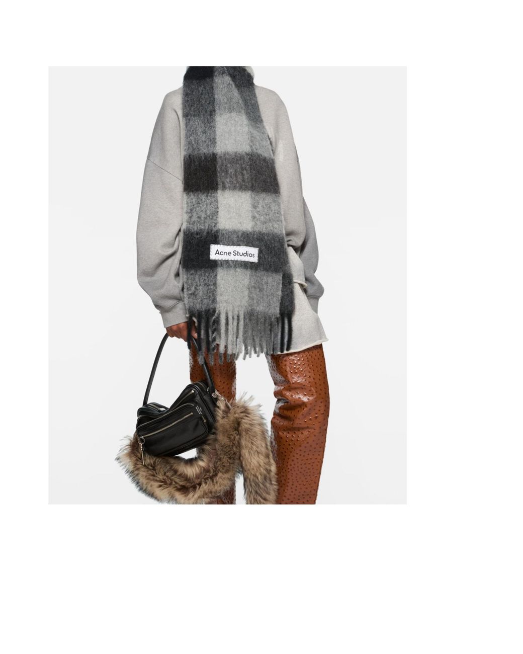 Acne Gray Logo Patch Checked Scarf