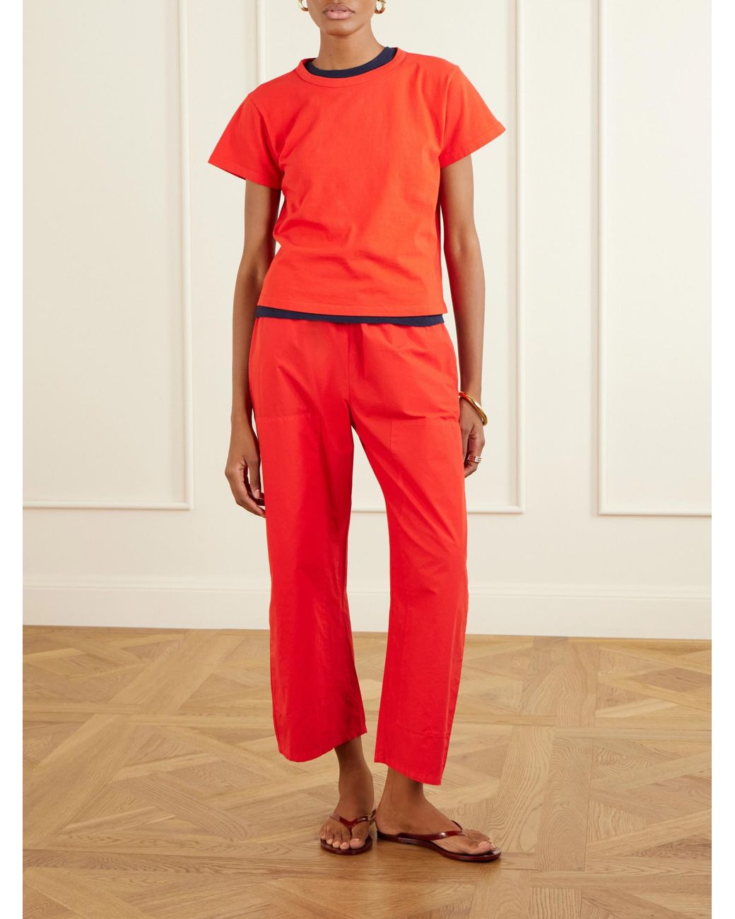Leset Red Kyoto Cotton-Poplin Low-Rise Wide-Leg Pants